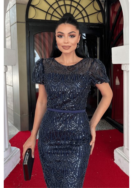 Full Boncuklu Kalem Elbise - Lacivert fırsatları