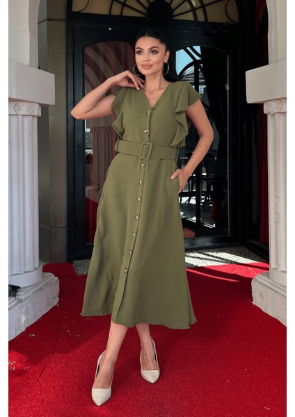 Ayrobin Kumaş Düğme Detaylı Elbise - Haki Yeşili fiyatları