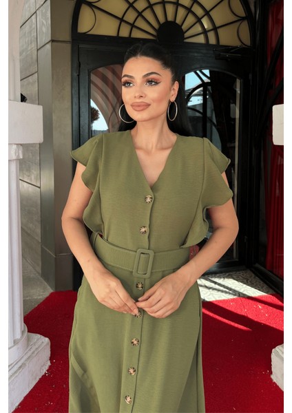 Ayrobin Kumaş Düğme Detaylı Elbise - Haki Yeşili modelleri