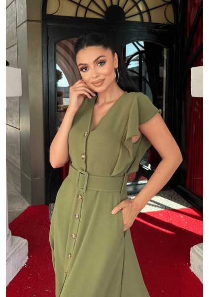 Ayrobin Kumaş Düğme Detaylı Elbise - Haki Yeşili fırsatları