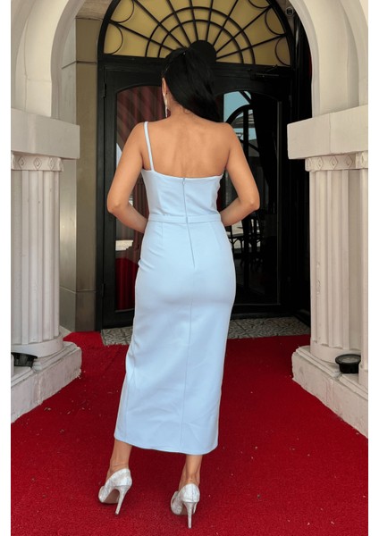 Atlas Kumaş Taş Detaylı Kalem Elbise - Bebe Mavisi indirimleri