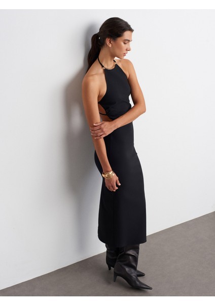 91518 Halter Yaka Midi Elbise-Siyah