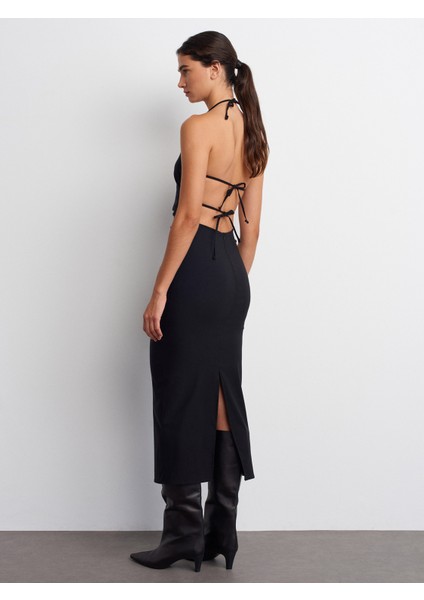 91518 Halter Yaka Midi Elbise-Siyah fiyatları