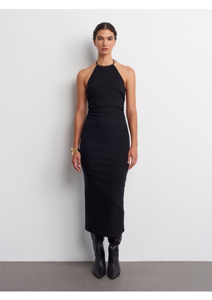 91518 Halter Yaka Midi Elbise-Siyah modelleri