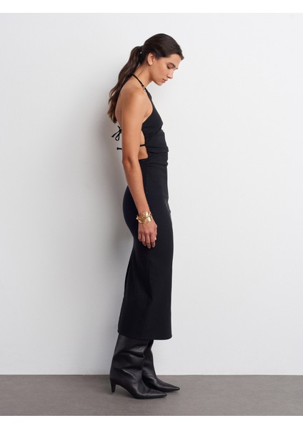 91518 Halter Yaka Midi Elbise-Siyah indirimleri