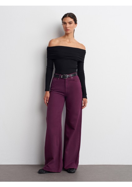 72054 Parçaboya Geniş Kesim Denim Pantolon-Mor