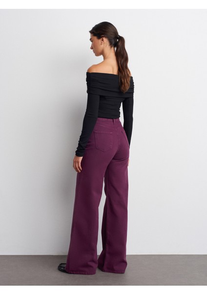 72054 Parçaboya Geniş Kesim Denim Pantolon-Mor fiyatları
