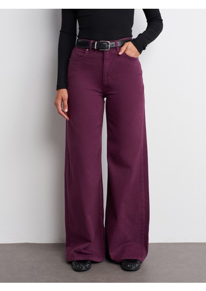72054 Parçaboya Geniş Kesim Denim Pantolon-Mor indirimleri