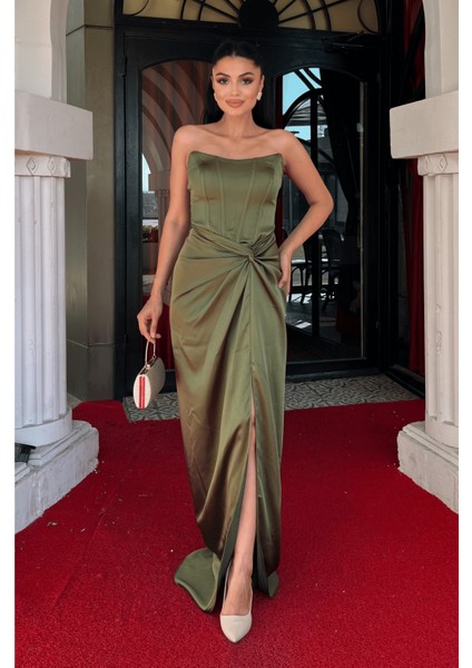 Saten Kumaş Büzgü Detaylı Straplez Abiye Elbise - Haki Yeşili