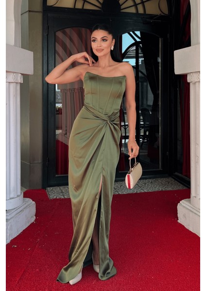 Saten Kumaş Büzgü Detaylı Straplez Abiye Elbise - Haki Yeşili fiyatları