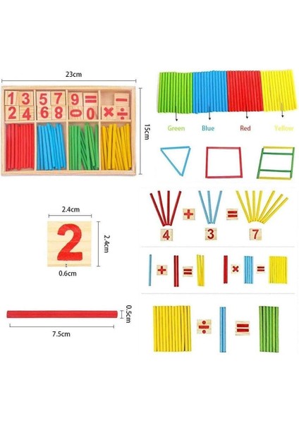 Ahşap Matematik Çubukları & Rakam Blokları Seti – Sayma, Işlem ve Şekil Kurma (Montessori, 3+) modelleri