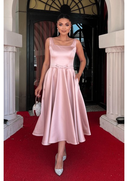 Saten Kumaş Kalın Askılı Midi Boy Elbise - Pudra