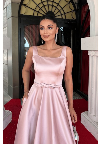 Saten Kumaş Kalın Askılı Midi Boy Elbise - Pudra fırsatları