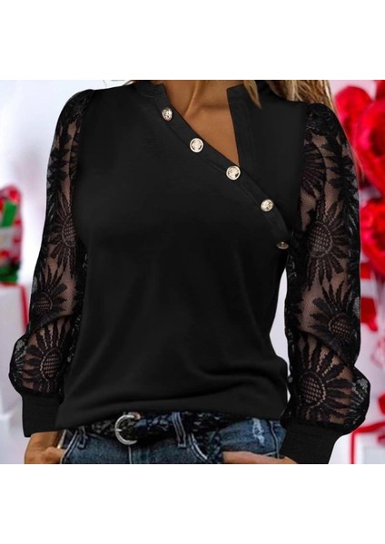 Mdb Kadın Uzun Kollu Yakası Asimetrik Detaylı Düğmeli Viskon Iki Iplik Bluz