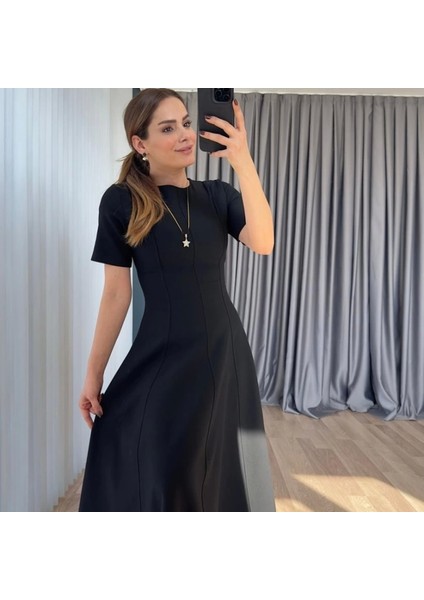 Mdb Kadın Kısa Kollu Bisiklet Yaka Maksi Boy Ithal Krep Elbise