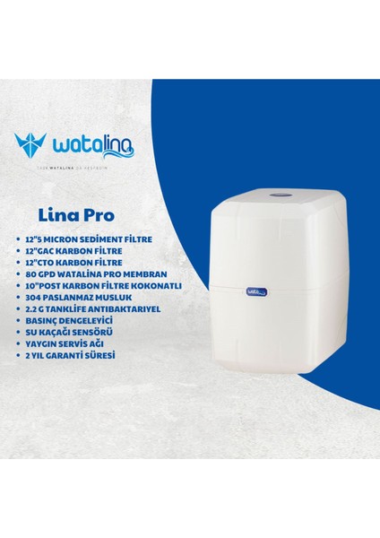 Lina Pro Pompalı Kapalı Kasa 2,2 Galon 8 Litre Nsf Onaylı Filtre Seti Evsel Su Arıtma