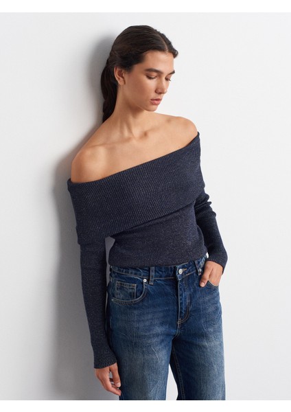 10808 Bardot Yaka Fitilli Simli Triko Kazak-Lacivert