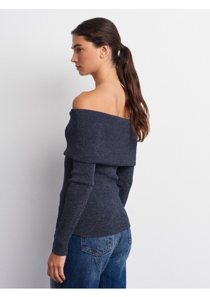 10808 Bardot Yaka Fitilli Simli Triko Kazak-Lacivert fiyatları