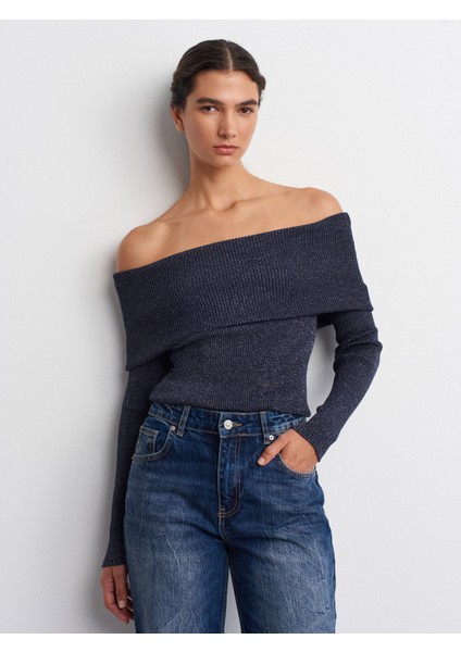 10808 Bardot Yaka Fitilli Simli Triko Kazak-Lacivert modelleri