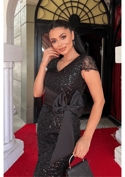 Pul Payet Dantel Kumaş Tasarım Kalem Elbise - Siyah fırsatları