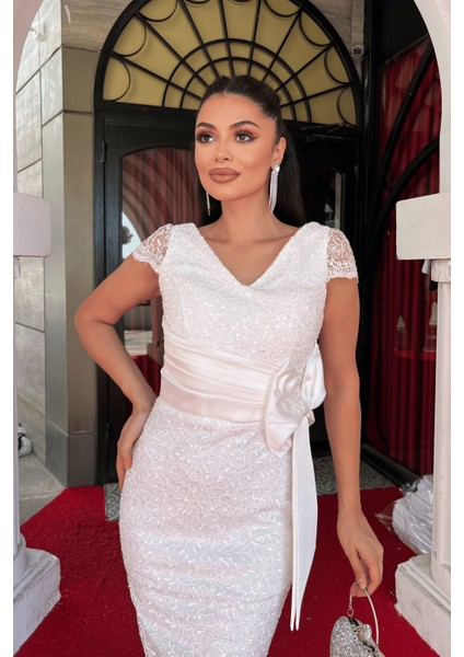 Pul Payet Dantel Kumaş Tasarım Kalem Elbise - Beyaz fırsatları