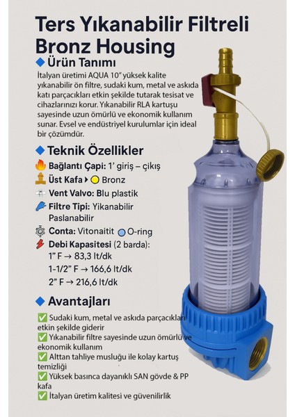 Aqua 10” Yıkanabilir Alttan Tahliyeli Ön Filtre – 1-1/2” Bağlantı Çapı fiyatları