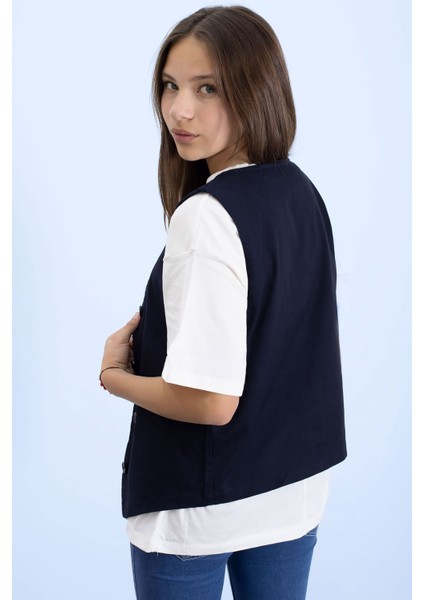 Lacivert Kız Çocuk Düğme Detaylı Yelek 21524 modelleri