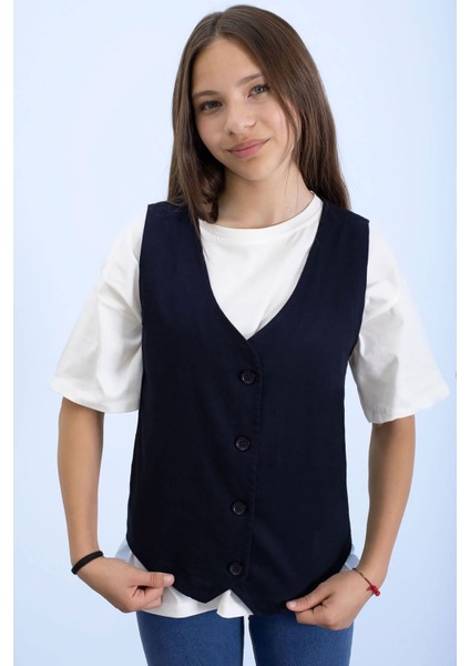 Lacivert Kız Çocuk Düğme Detaylı Yelek 21524 fırsatları