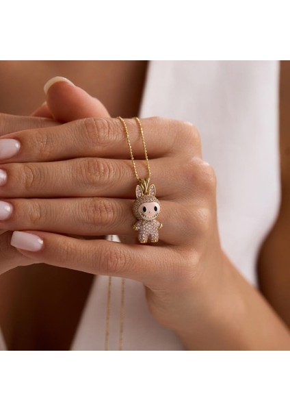 Labubu Kolye 14 Ayar Toz Pembe 2,5-1,5 cm