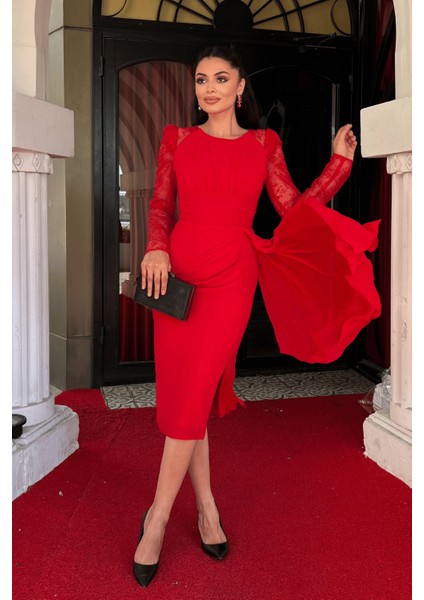 Şifon Kumaş Pul Payet Tasarım Kalem Elbise - Kırmızı fiyatları