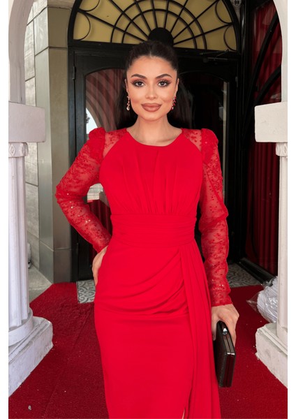 Şifon Kumaş Pul Payet Tasarım Kalem Elbise - Kırmızı modelleri