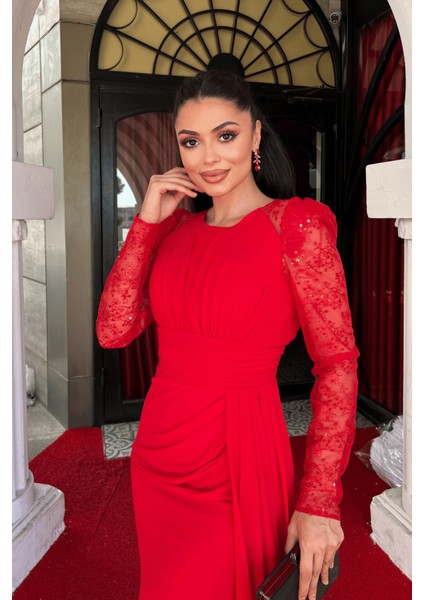 Şifon Kumaş Pul Payet Tasarım Kalem Elbise - Kırmızı fırsatları