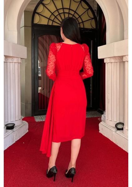 Şifon Kumaş Pul Payet Tasarım Kalem Elbise - Kırmızı indirimleri