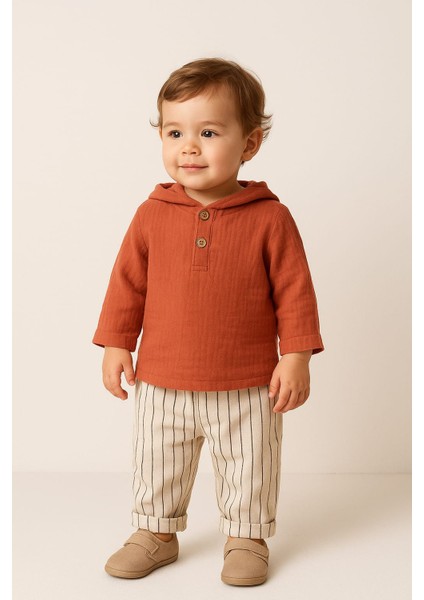 Pio Kids %100 Pamuk Keten Müslin Katlanabilir Kollu Kapüşonlu Jogger Alt 6-24 Ay Erkek Bebek Çocuk Takım