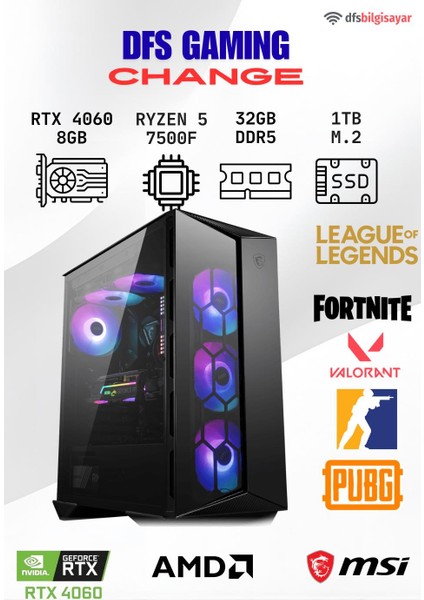 Dfs Gamıng Change Ryzen 5 7500F-B650M-RTX 4060-32GB Ddr5 Ram-1tb M.2 Ssd-Oyuncu Bilgisayarı
