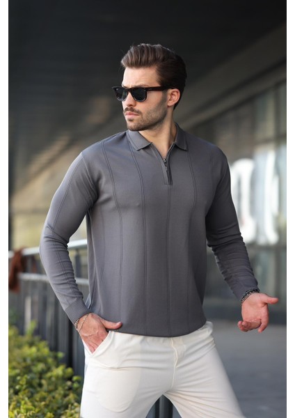 Antrasit Polo Yaka Fermuarlı Erkek Kazak E7427