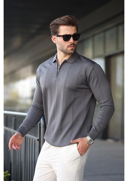 Antrasit Polo Yaka Fermuarlı Erkek Kazak E7427 fiyatları