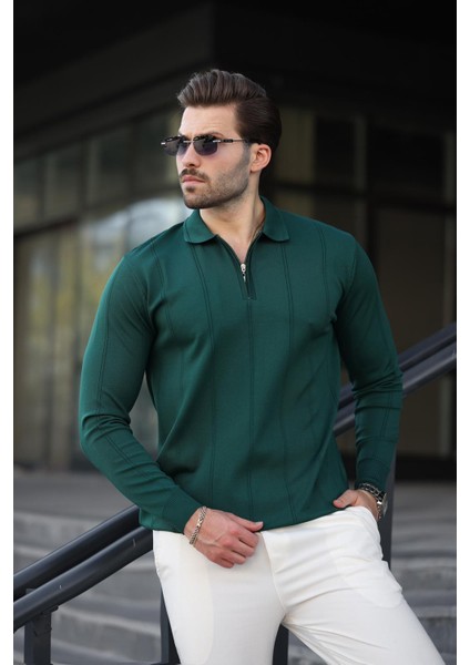 Nefti Yeşili Polo Yaka Fermuarlı Erkek Kazak E7427