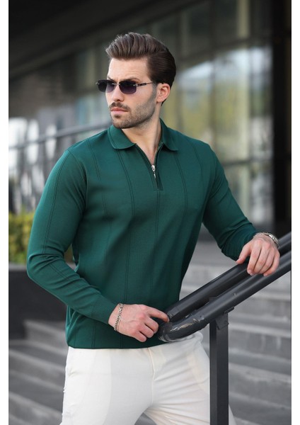 Nefti Yeşili Polo Yaka Fermuarlı Erkek Kazak E7427 fiyatları