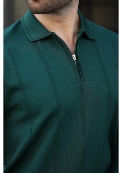 Nefti Yeşili Polo Yaka Fermuarlı Erkek Kazak E7427 modelleri