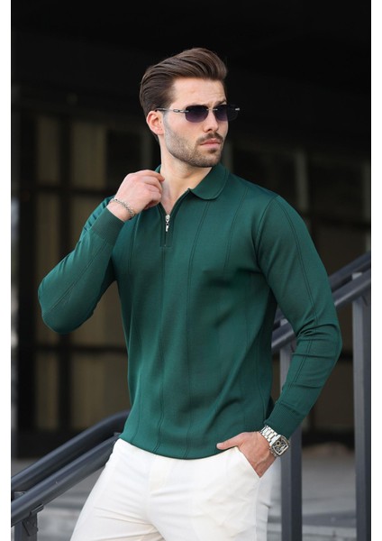 Nefti Yeşili Polo Yaka Fermuarlı Erkek Kazak E7427 fırsatları