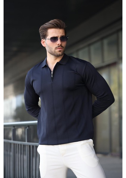 Lacivert Polo Yaka Fermuarlı Erkek Kazak E7427