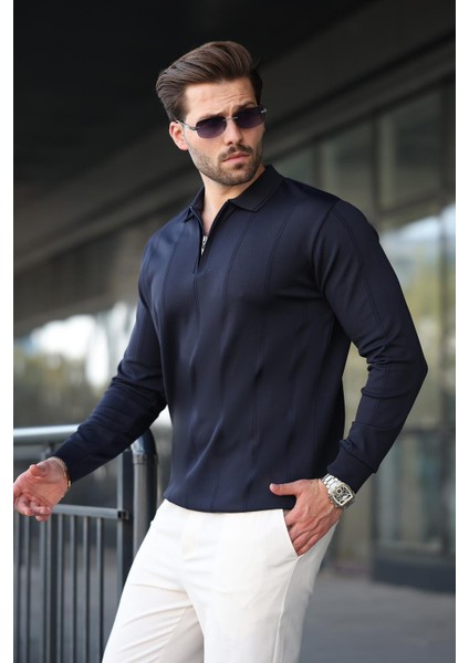 Lacivert Polo Yaka Fermuarlı Erkek Kazak E7427 fırsatları