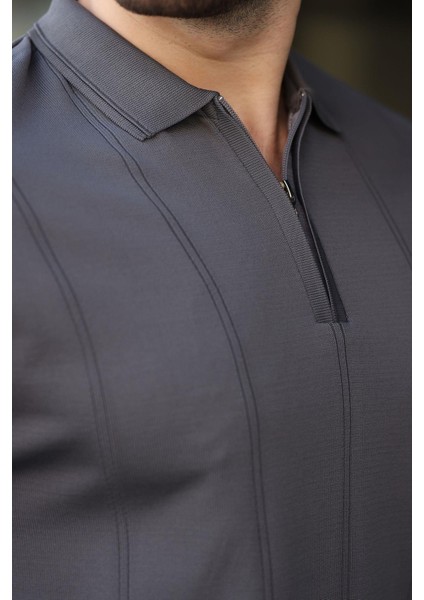 Antrasit Polo Yaka Fermuarlı Erkek Kazak E7427 modelleri