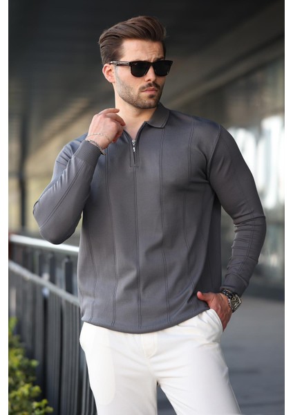 Antrasit Polo Yaka Fermuarlı Erkek Kazak E7427 fırsatları