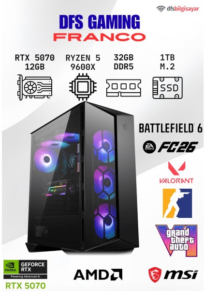 Dfs Gamıng Franco Ryzen 5 9600X-B650M-RTX 5070 12GB-32GB Ddr5 Ram-1tb M.2 Ssd-Oyuncu Bilgisayarı Sistem Tavsiyesi