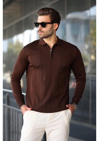 Kahverengi Polo Yaka Fermuarlı Erkek Kazak E7427