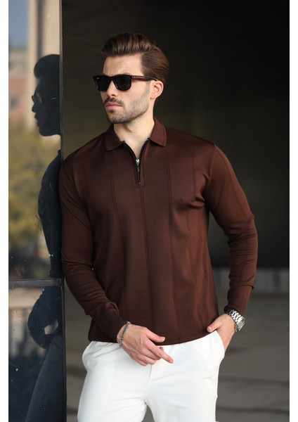 Kahverengi Polo Yaka Fermuarlı Erkek Kazak E7427 fiyatları