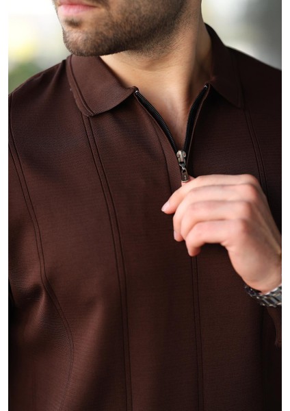 Kahverengi Polo Yaka Fermuarlı Erkek Kazak E7427 modelleri