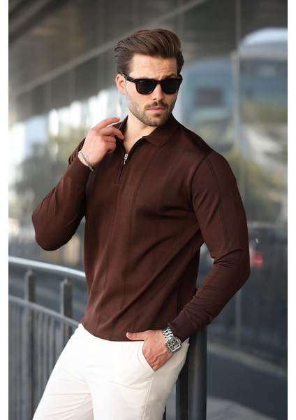 Kahverengi Polo Yaka Fermuarlı Erkek Kazak E7427 fırsatları